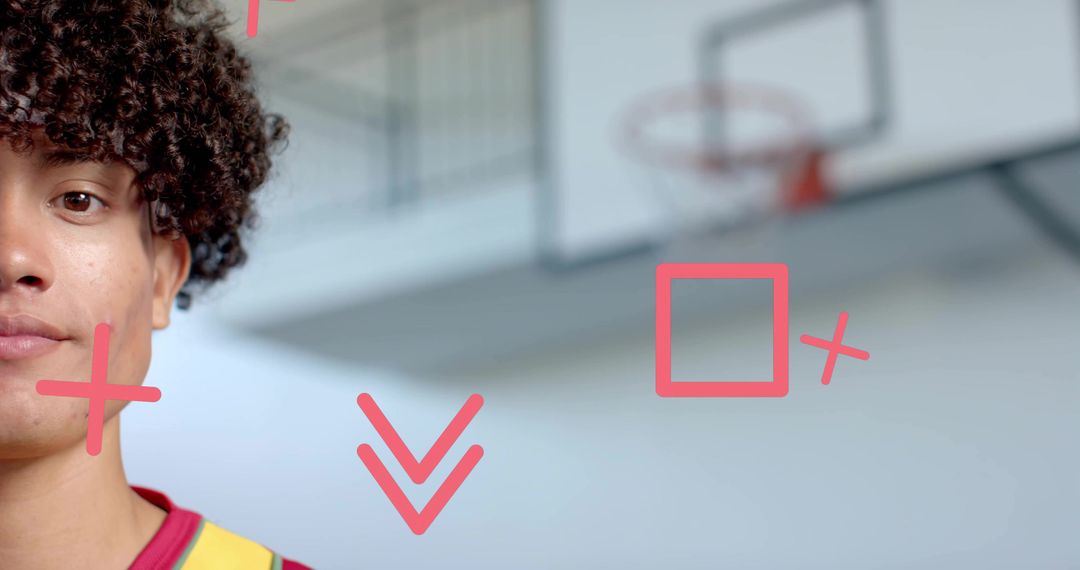 Basketball Player in Gymnasium With Dynamic Symbols