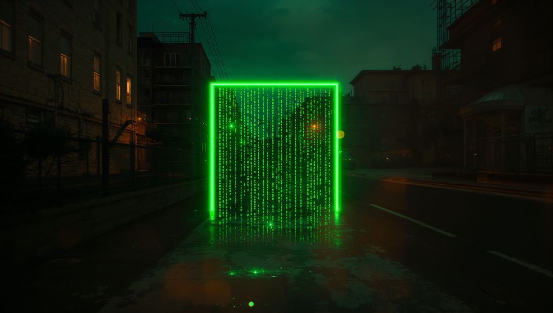 Neon Code Cube on Dark Wet Street in Cyberpunk Setting