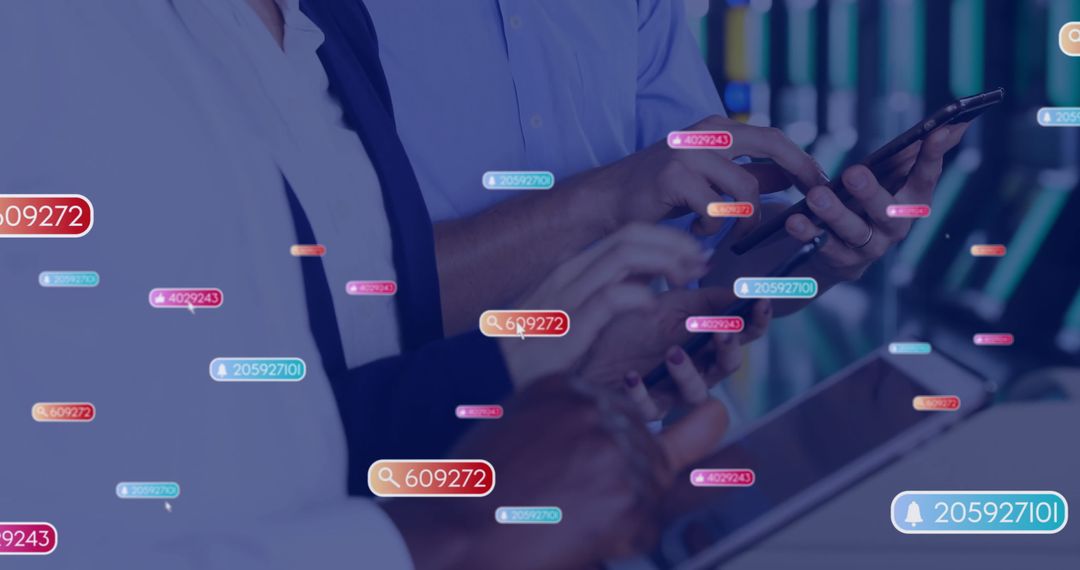 Diverse Colleagues Networking with Digital Notifications Overlay