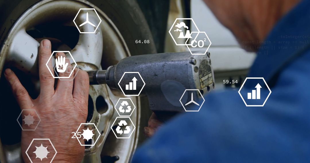 Mechanic Using Wrench on Wheel with Digital Eco Icons