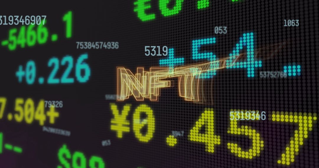 3D NFT Text on Futuristic Digital Market Ticker Board