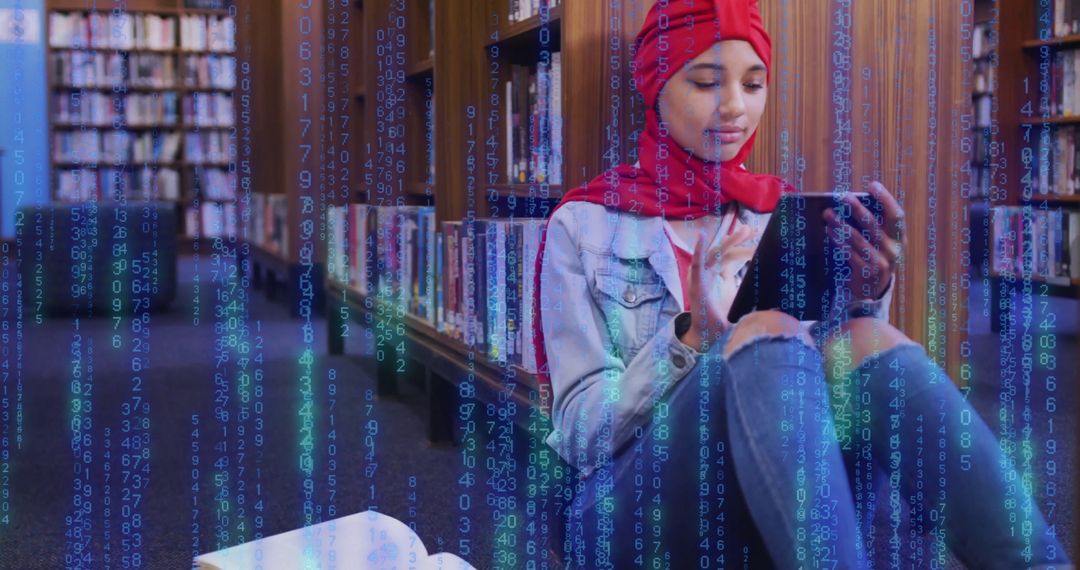 Young Student in Hijab Engaging with Digital Data on Tablet