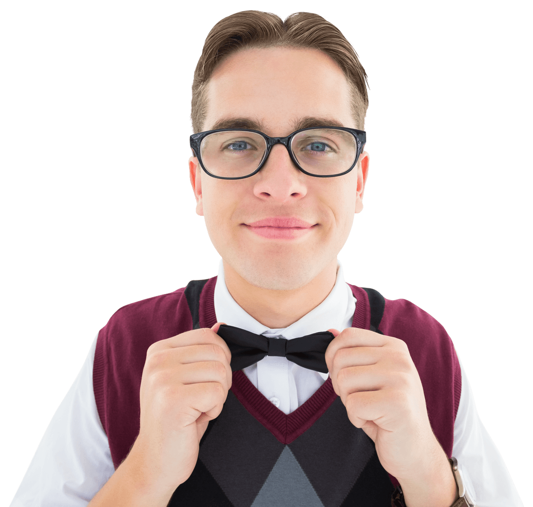Transparent Nerdy Hipster Adjusting Bow Tie