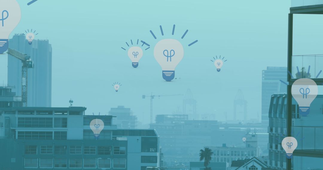 Futuristic Networking Over Urban Skyline with Lightbulb Icons
