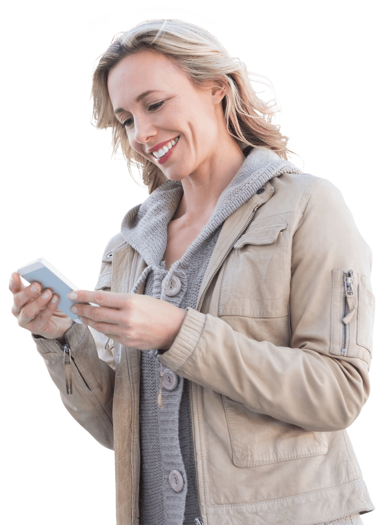 Smiling Woman in Jacket Using Smartphone on Transparent Background
