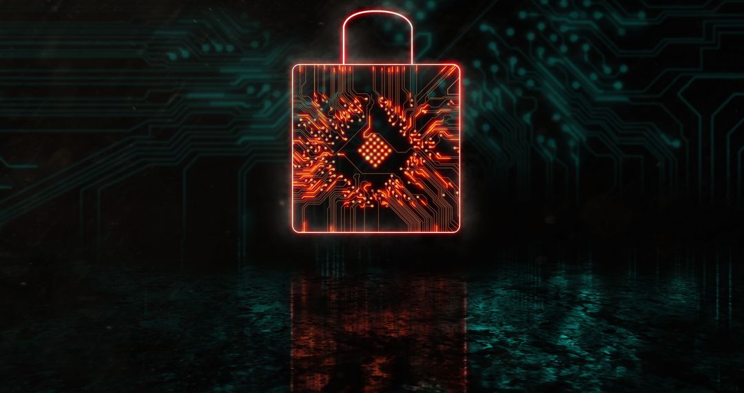 Glowing Security Padlock Over Digital Circuit Background