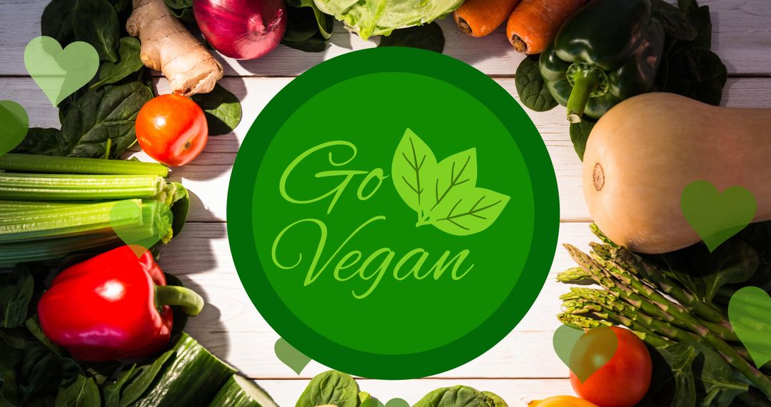 Go Vegan Message Surrounded by Fresh Vegetables on White Wooden Background