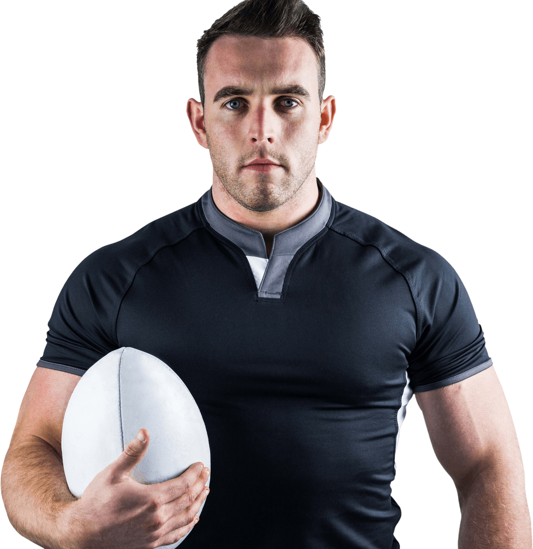 Rugby Player Holding Ball in Black Uniform on Transparent Background