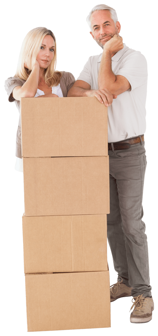 Transparent Portrait of Couple With Cargo Boxes Looking Stressed