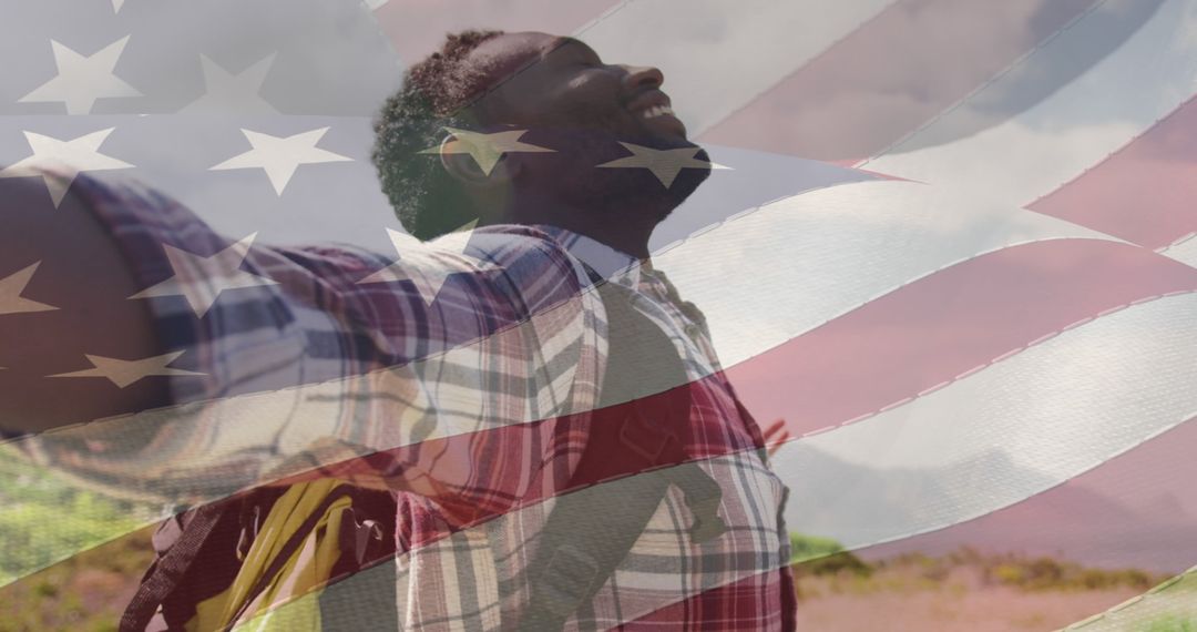 Happy Man Hiking in Nature with American Flag Overlay - Free Images, Stock Photos and Pictures on Pikwizard.com