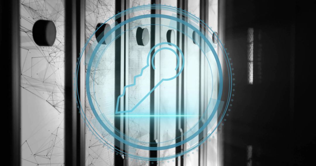 Neon Blue Key Icon in Datacenter Embodying Cybersecurity