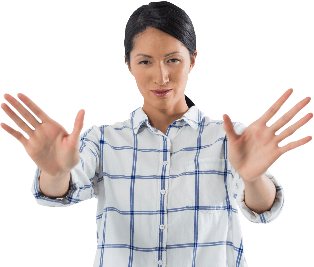 Transparent Asian Woman Gesturing Stop in Checkered Shirt