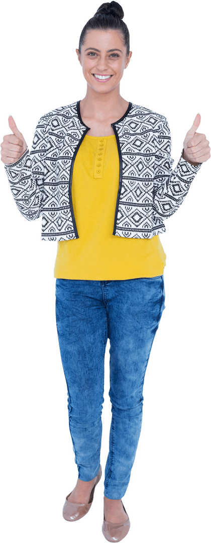 Smiling Woman Giving Double Thumbs Up in Casual Attire on Transparent Background
