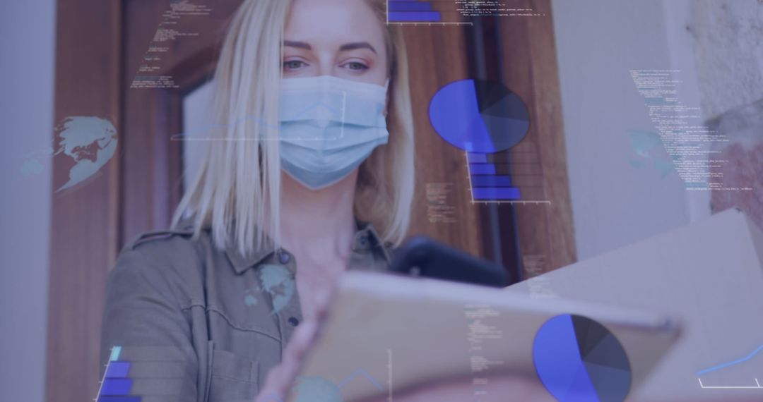 Masked Courier Delivering Package Amidst Digital Data Overlays