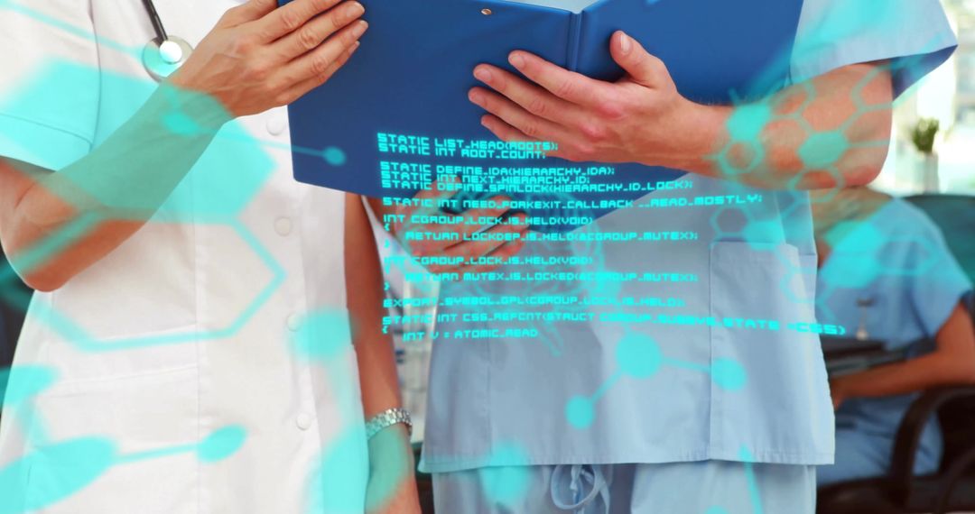Healthcare Professionals Analyzing Digital Data with Futuristic Overlay