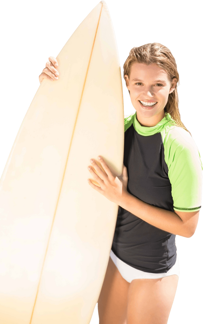 Caucasian Female Surfer with Surfboard on Transparent Background