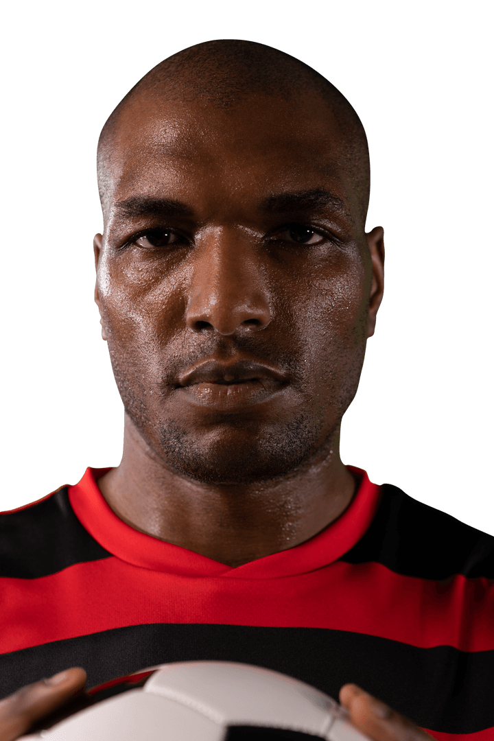 Focused Football Player Holding Ball on Transparent Background