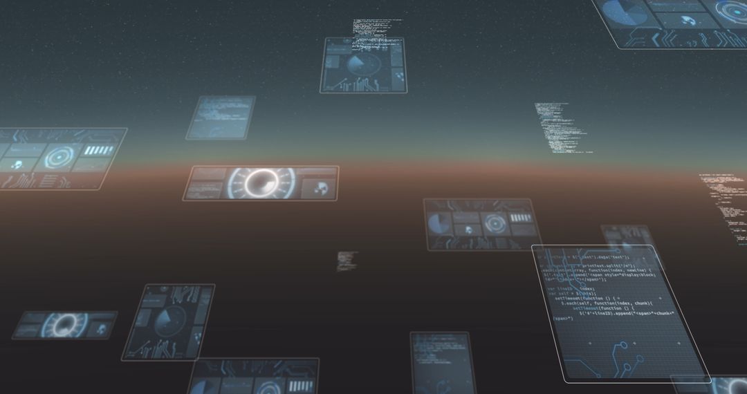 Floating data screens on digital display representing global connections