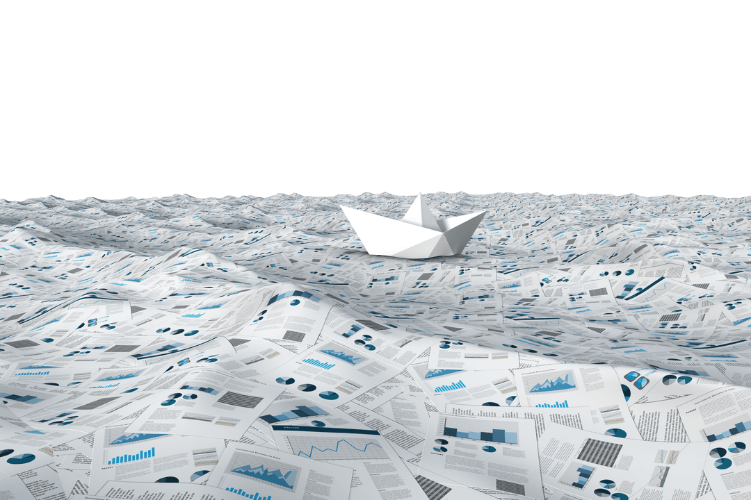 Transparent Origami Boat Sail on Waves of Business Documents