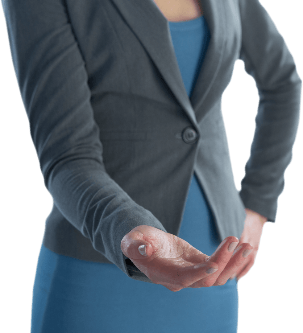 Transparent Businesswoman Gesturing Open Hand Professional Pose