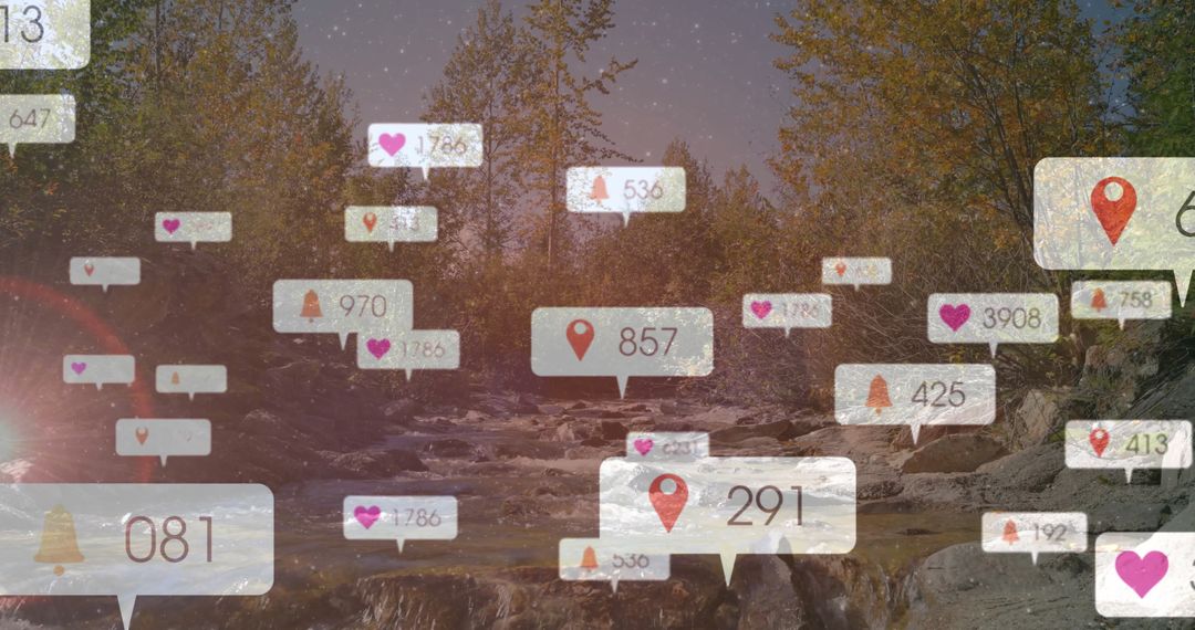 Digital Overlay Icons on Serene Forest Stream