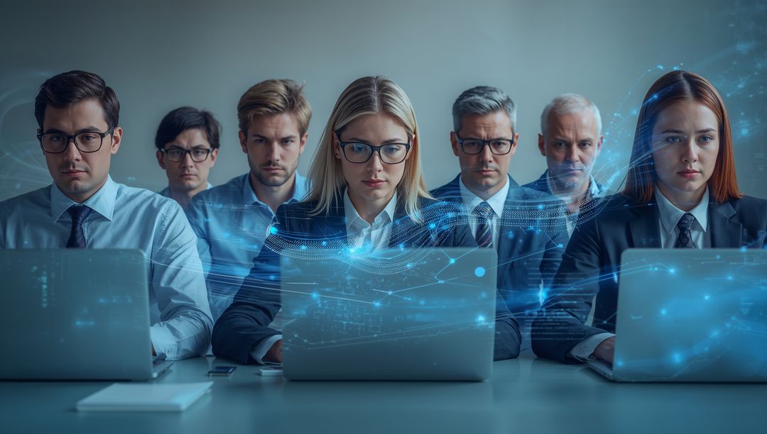 Executives Analyzing Data on Laptops in Modern Office