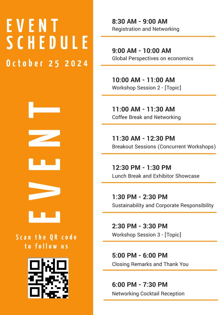 Event schedule text with qr code on orange and details of economics seminar schedule on white - Download Free Stock Templates Pikwizard.com