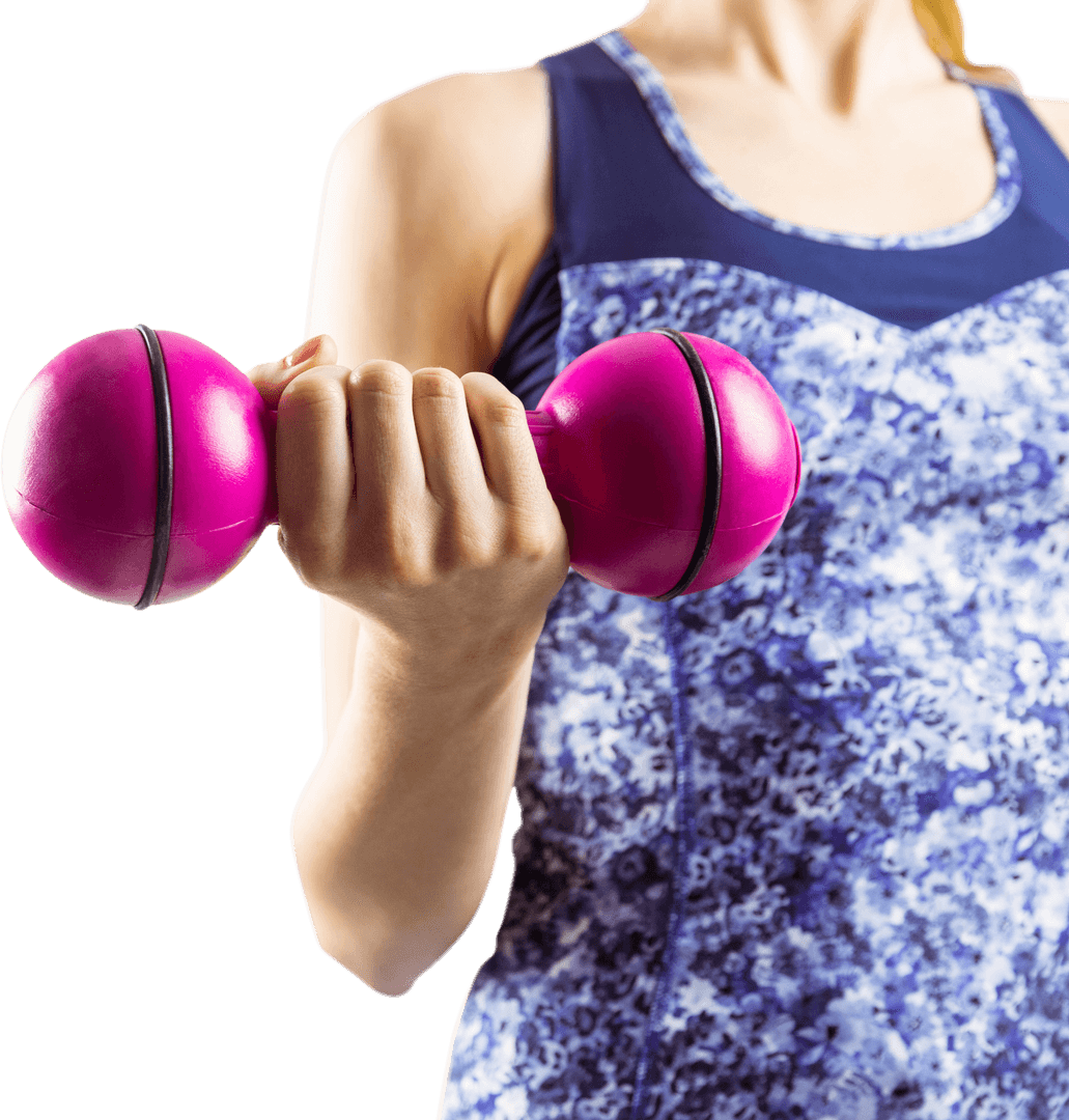 Transparent Young Woman Exercising with Pink Dumbbell Upper Body