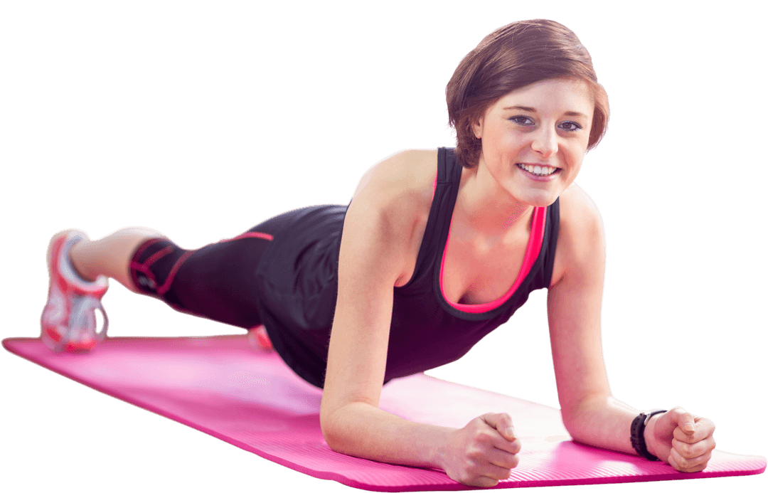 Confident Woman Holding Plank Pose on Pink Exercise Mat Transparent