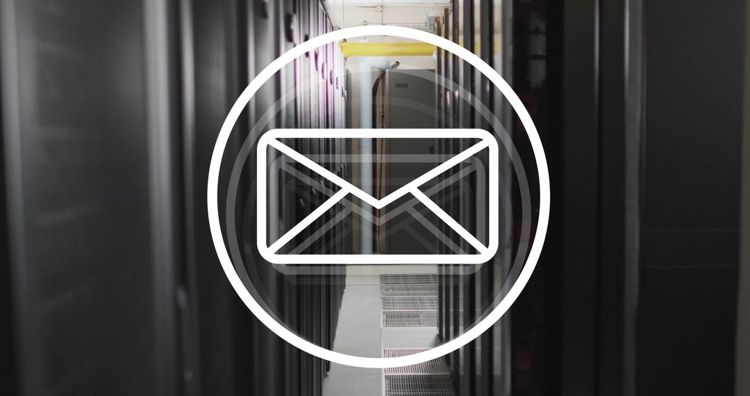 Digital Email Icon Overlay on Data Center Server Aisle
