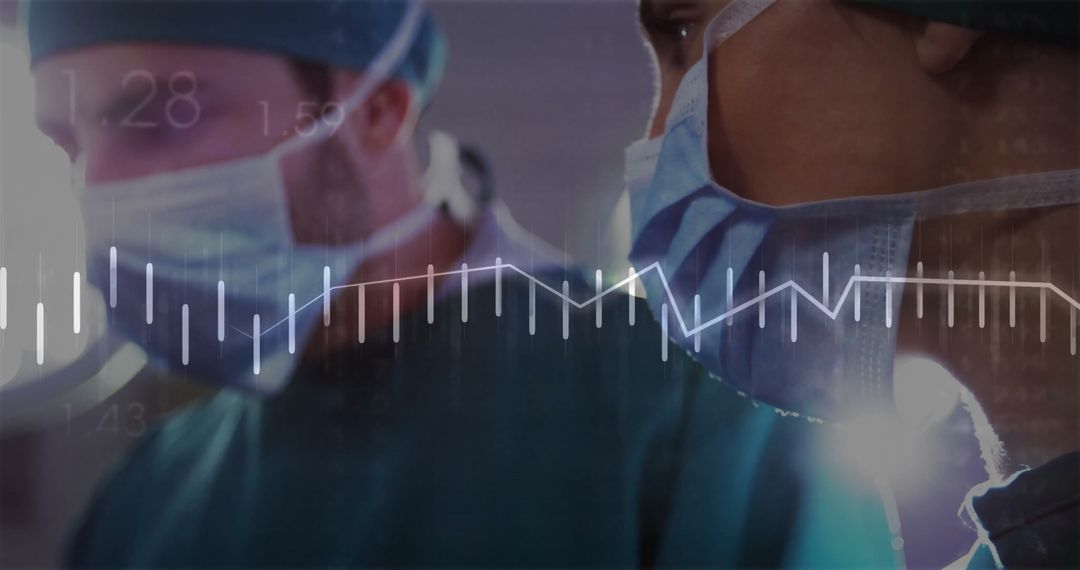 Surgeons Analyzing Vital Signs with Digital Overlay in Operating Room