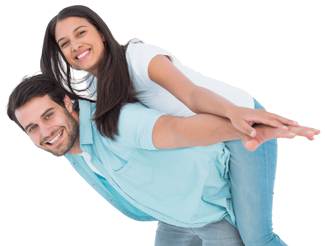 Happy Couple Enjoying Fun Piggyback Ride on Transparent Background