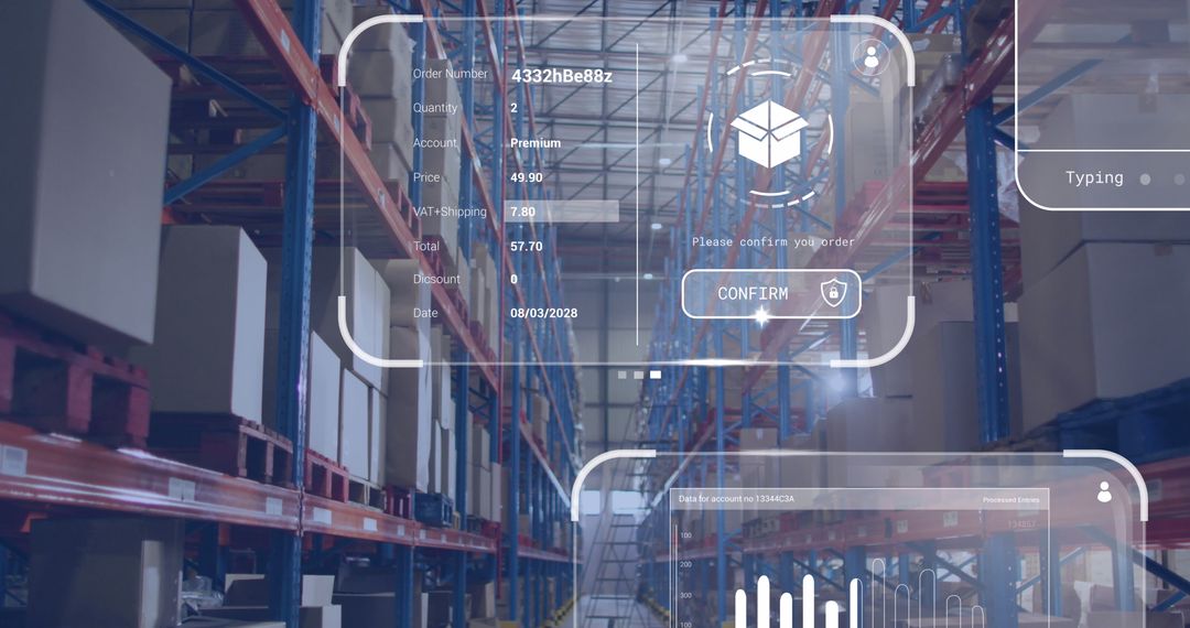 Digital Data Processing Screens Over Warehouse Shelves