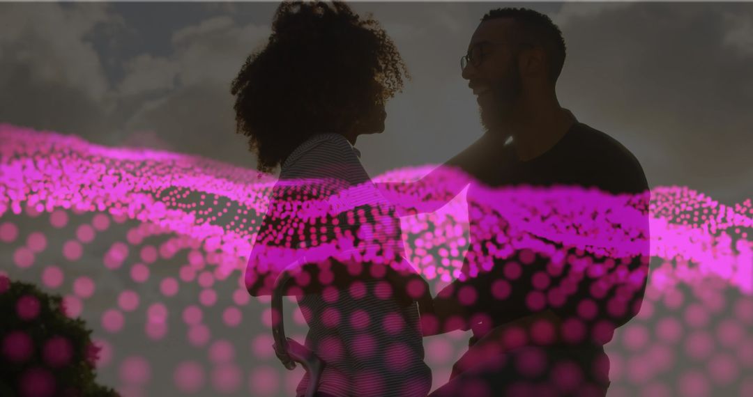 Couple Embracing in Digital Overlay at Dusk