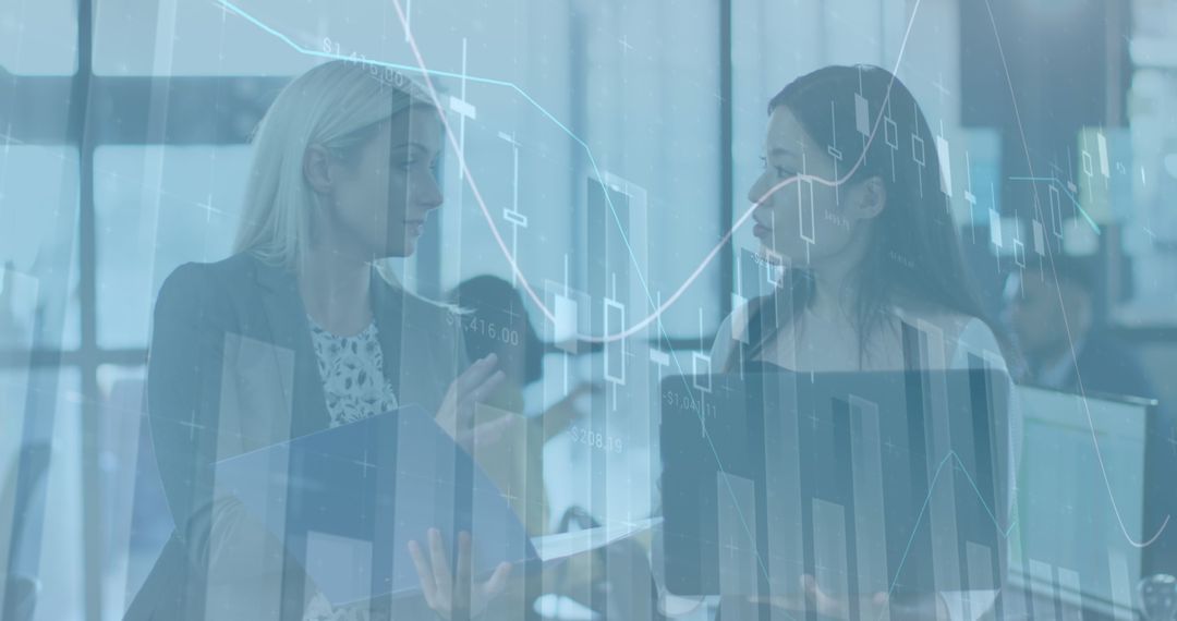 Business Professionals Discussing with Digital Analytics Overlay