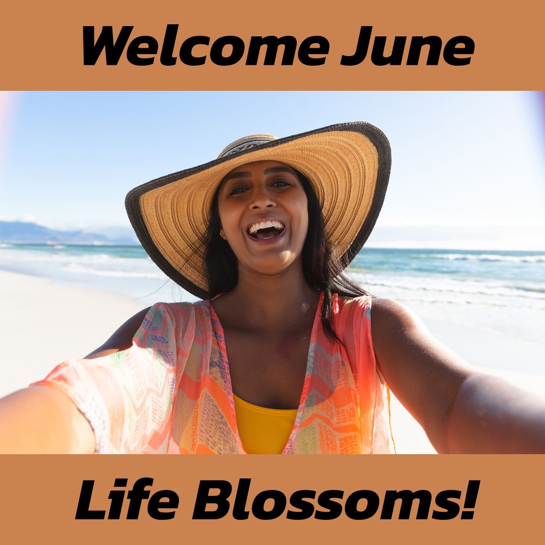 Joyful Woman at Beach Welcoming June with Slogan