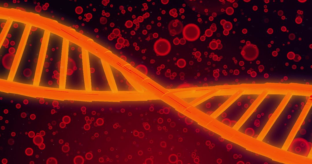 Glowing DNA Helix Surrounded by Red Blood Cells