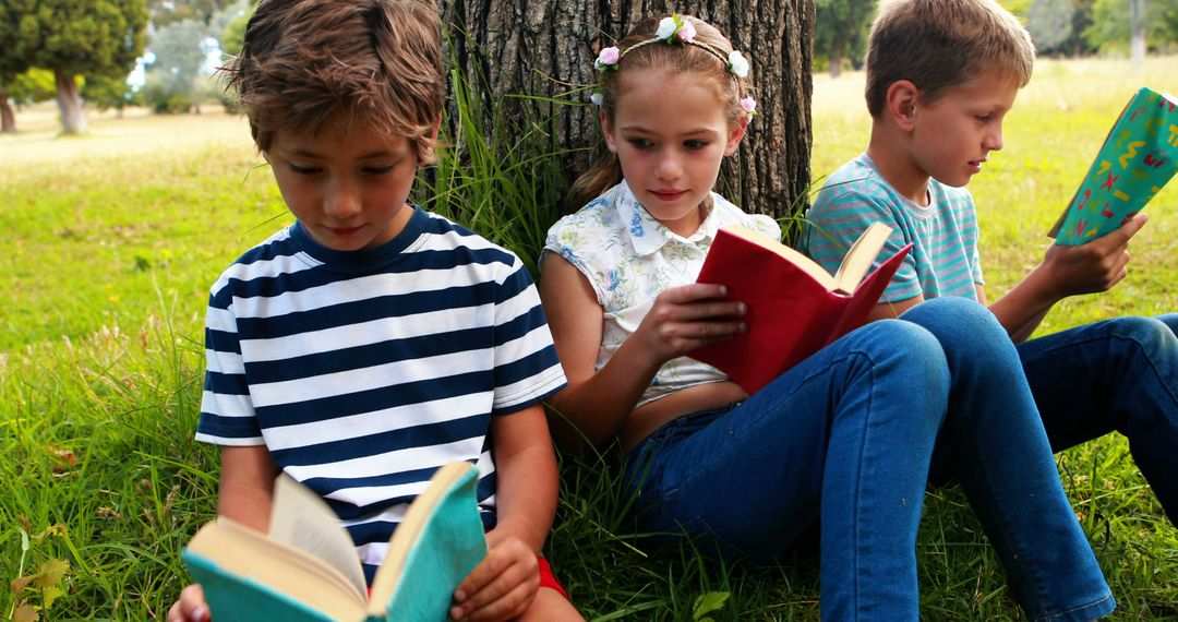 Children Reading Books Together Outdoors Under Tree in Summer - Free Images, Stock Photos and Pictures on Pikwizard.com