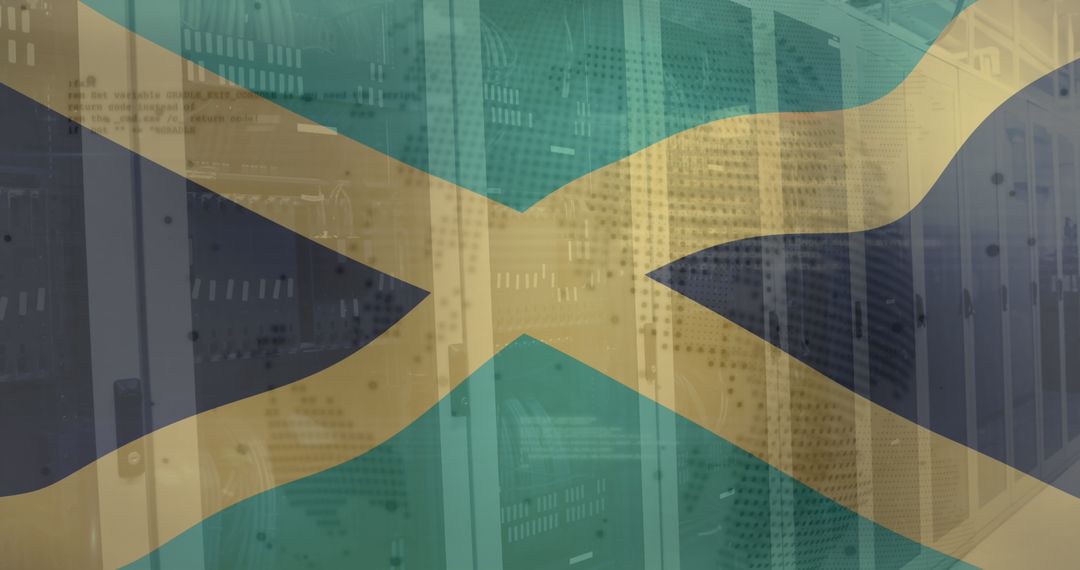 Digital Networking Overlaid with Jamaican Flag in a Server Room