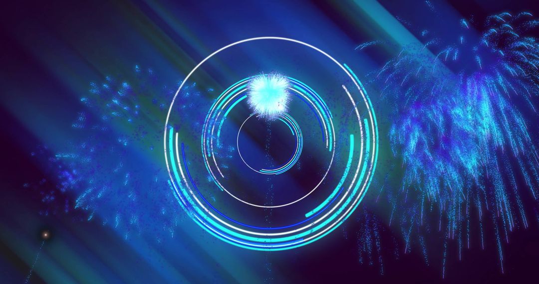 Digital Scope Overlay on Blue Fireworks Ignite in Night Sky