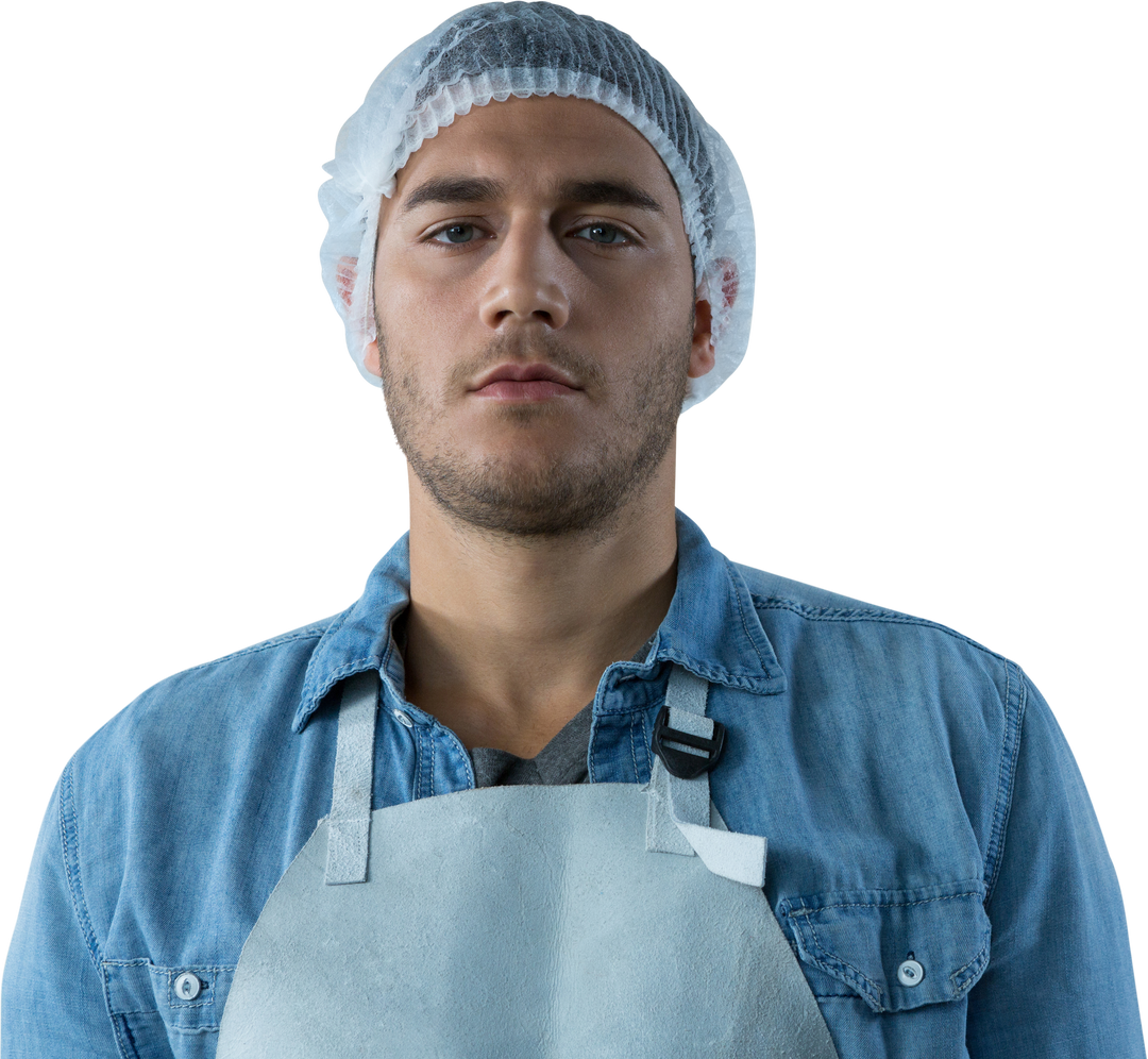 Confident Young Waiter in Denim Uniform and Transparent Hairnet - Download Free Stock Images Pikwizard.com