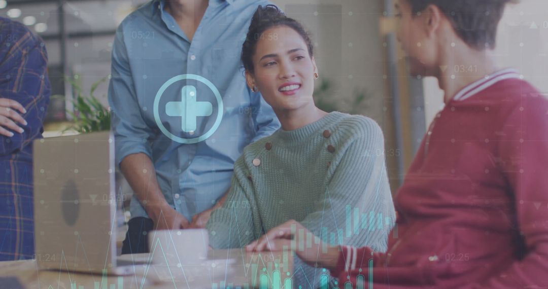 Diverse Team Collaborating with Financial Interface Overlay