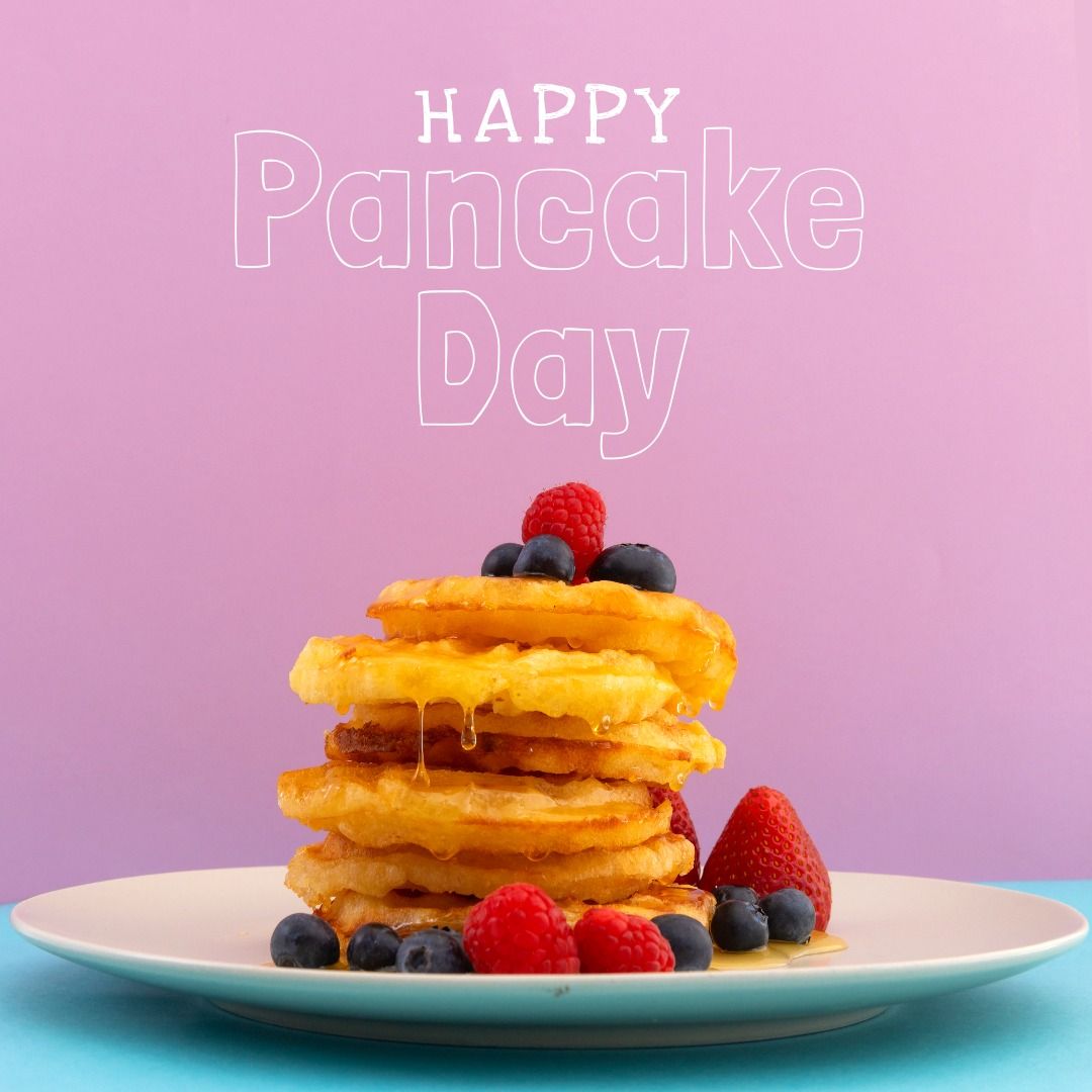 Happy pancake day text banner over a pancake in a plate against purple background - Download Free Stock Templates Pikwizard.com