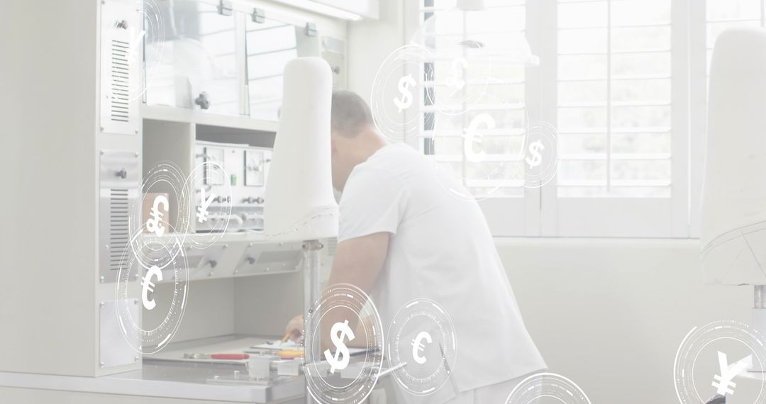 Laboratory Technician Working Over Electronic Bench with Currency Symbol Overlays