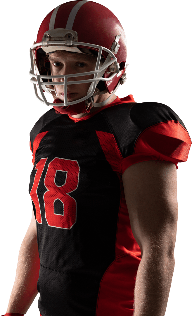 Focused Young American Football Player Wearing Red Helmet Transparent Background