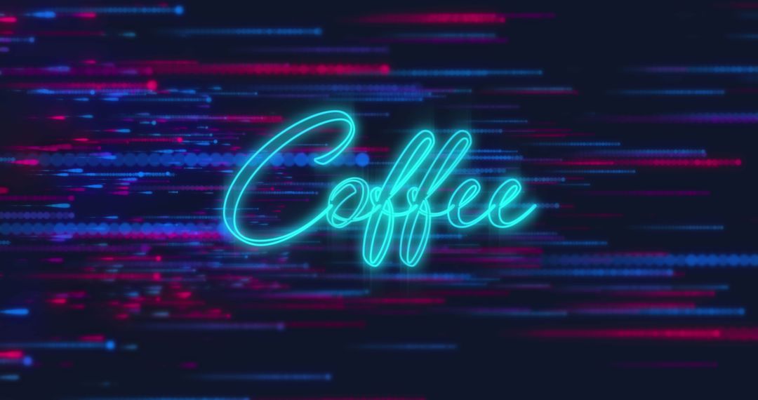 Neon Coffee Text with Vibrant Digital Lines on Black Background