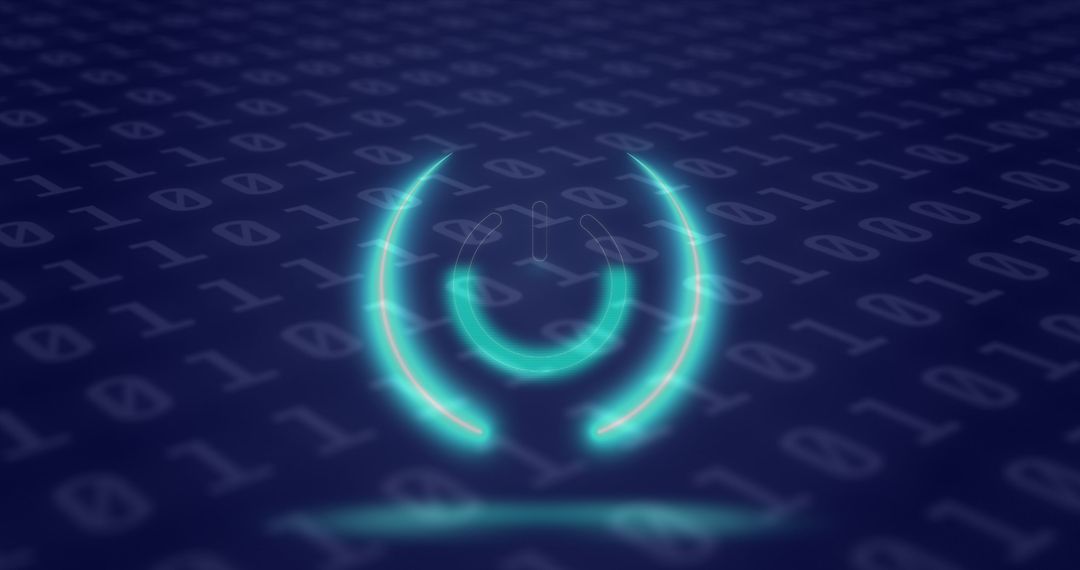 Neon Power Symbol on Binary Digital Screen Background