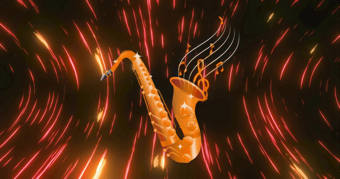 Golden saxophone floating and emitting musical notes with sparks in dark abstract space