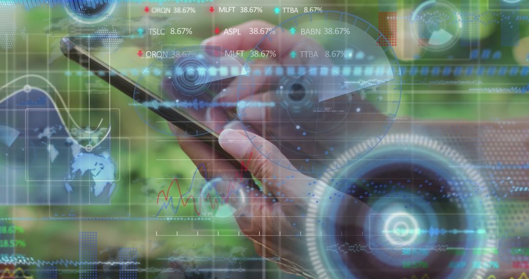 Hands Using Smartphone Amidst Digital Education Data Overlay