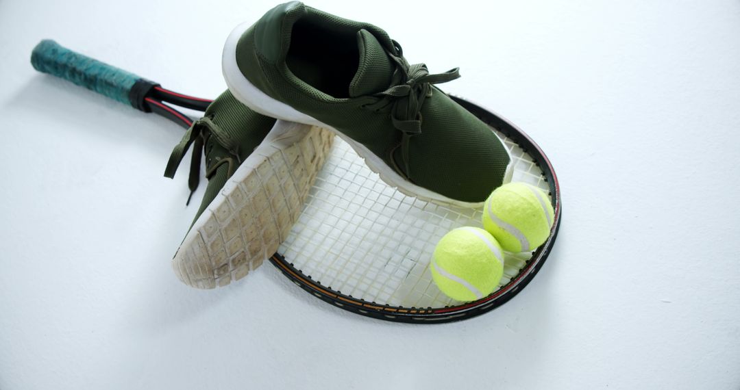 Tennis Equipment Featuring Racket, Balls, and Sneakers on White Background - Free Images, Stock Photos and Pictures on Pikwizard.com